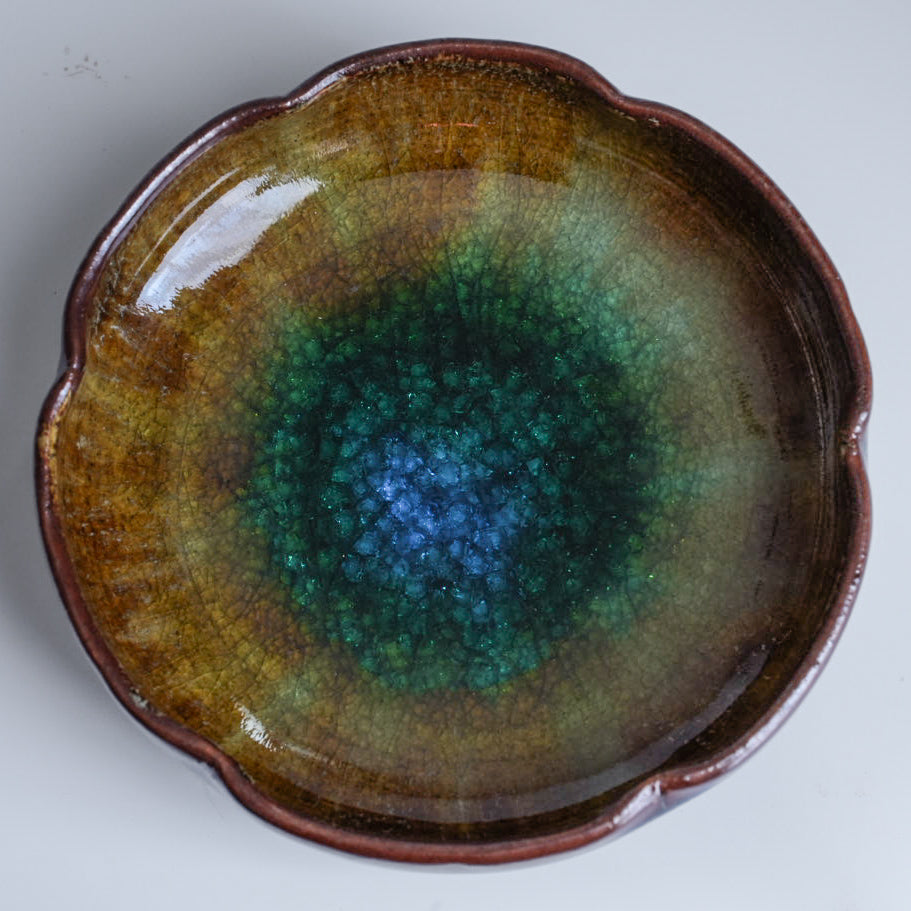 Paulo｜切立皿 花型 ガラス釉薬 ブルー×ブラウン　Φ約12cm × H約3.5cm